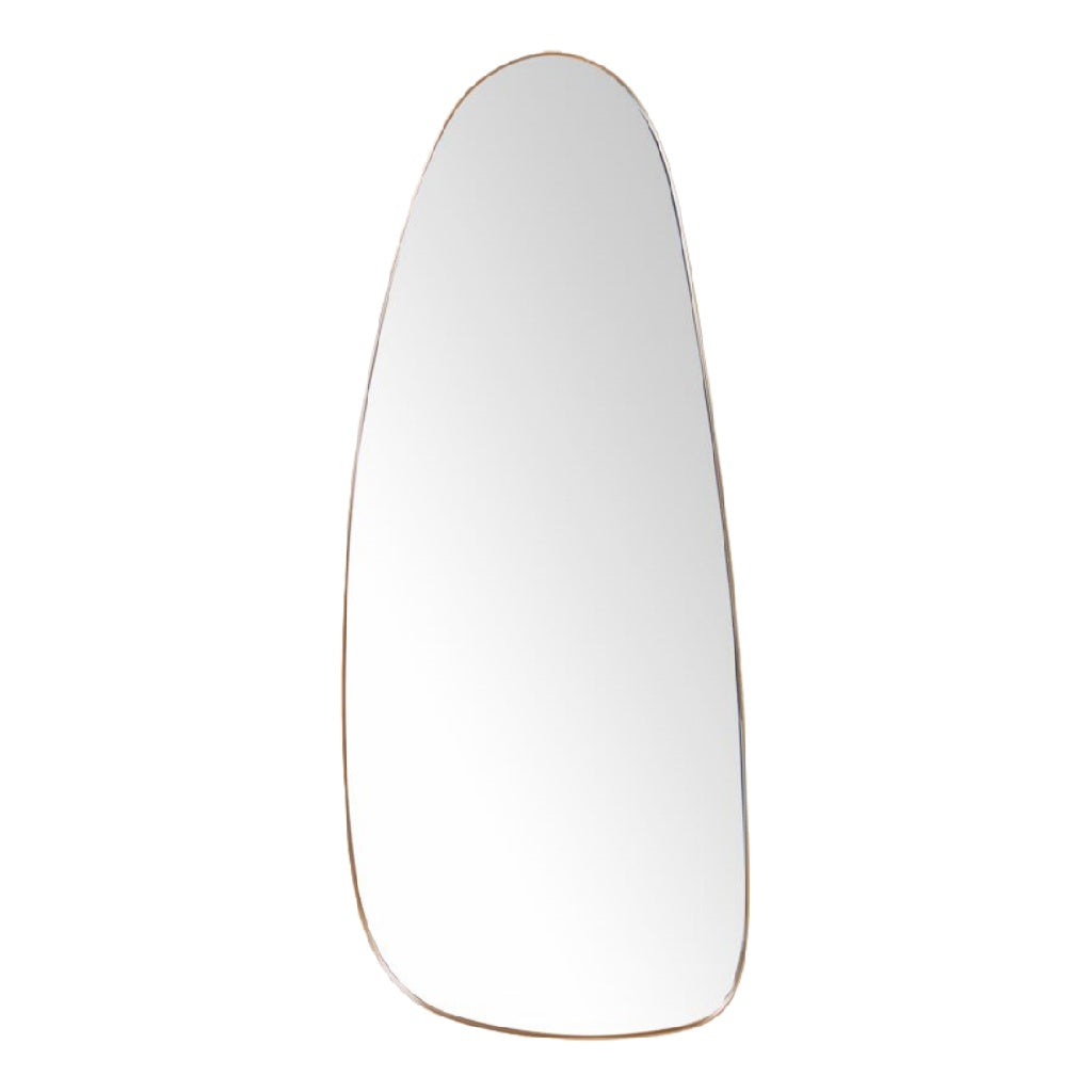 Espejo decorativo orgánico alargado, marco fino metálico dorado, para pared