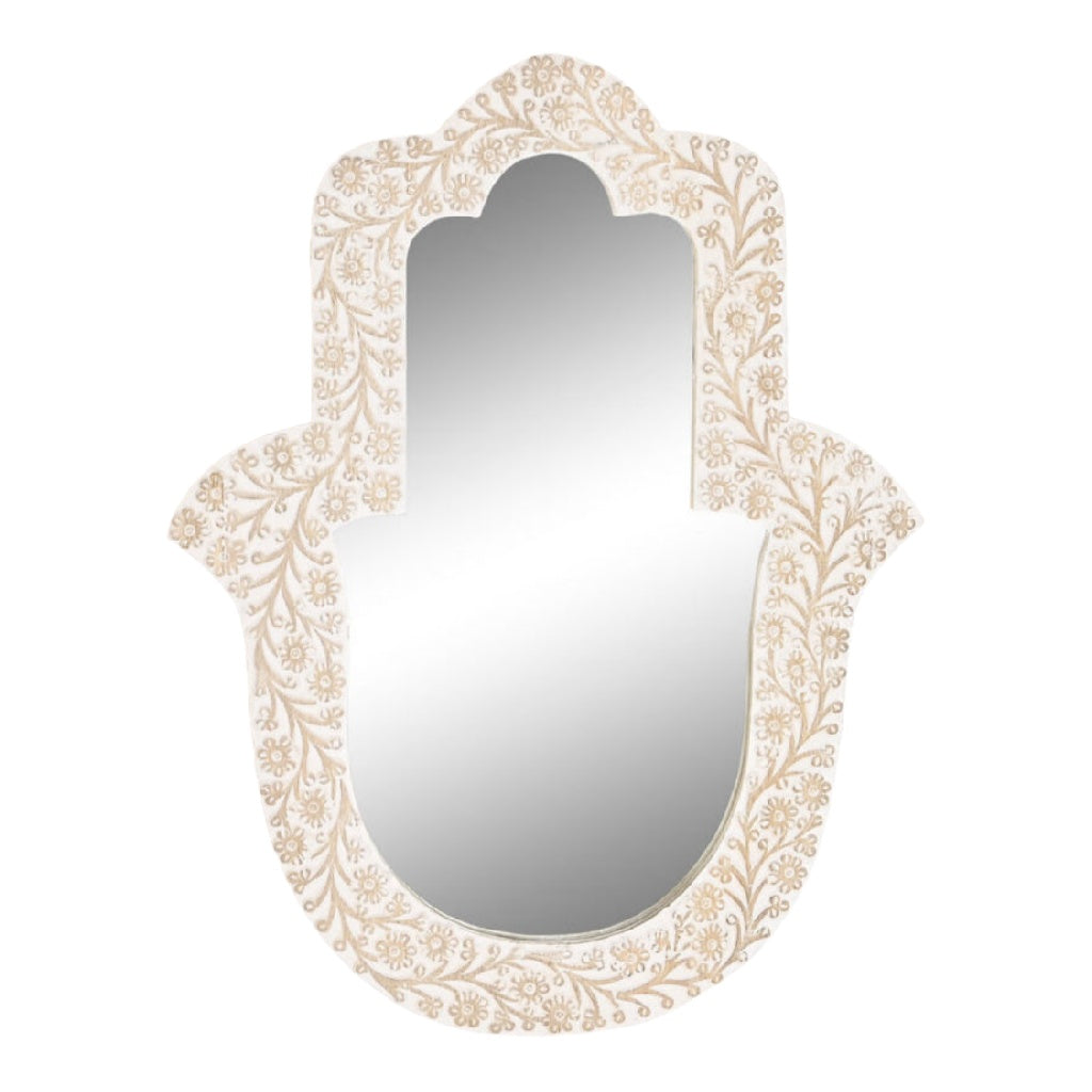 Espejo decorativo estilo oriental con forma de mano de Fátima, marco tallado blanco envejecido, para pared