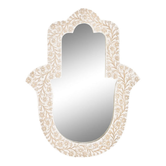 Espejo decorativo estilo oriental con forma de mano de Fátima, marco tallado blanco envejecido, para pared